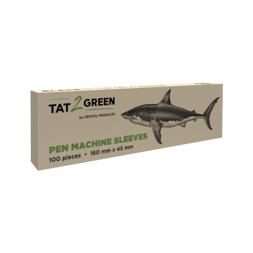Box of 100 Tat2Green black pen machine sleeves with shark illustration