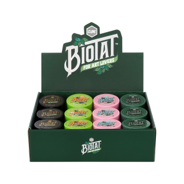 Caixa de 12 unidades sortidas de BIOTAT Tattoo Soft Butter 50 ml para expositor de estúdio.