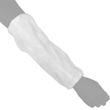 Disposable white arm sleeve covering forearm and elbow on a gray arm model