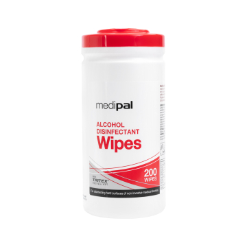 Container of Medipal Alcohol Disinfectant Wipes pack of 200 with red lid