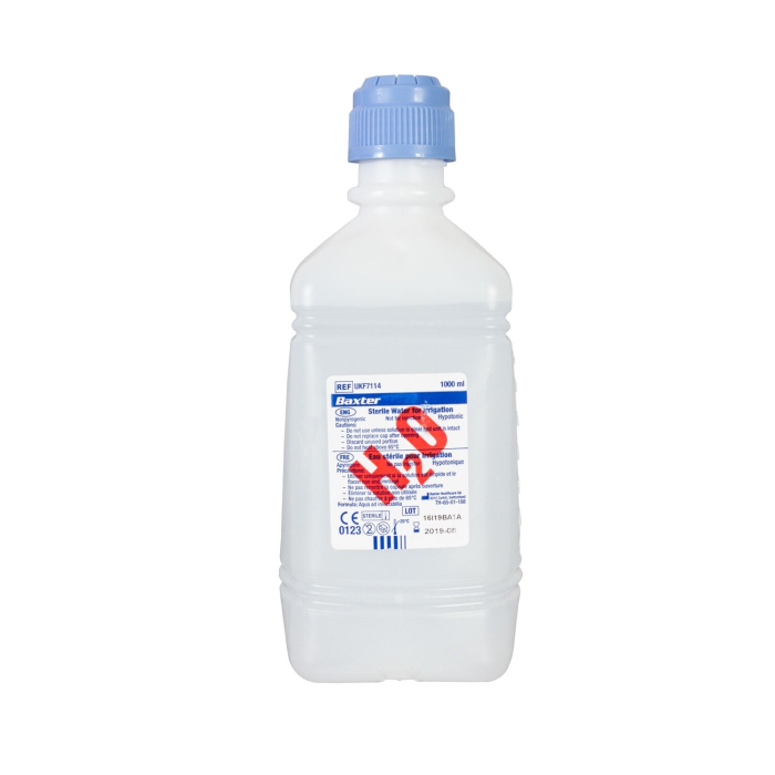 Baxter Sterile Water 1 liter plastic bottle with blue cap and product label