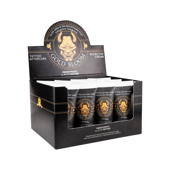 Aloe Tattoo Gold Bloom Exibição de tubos de cuidados posteriores com nova fórmula 12x 30 g