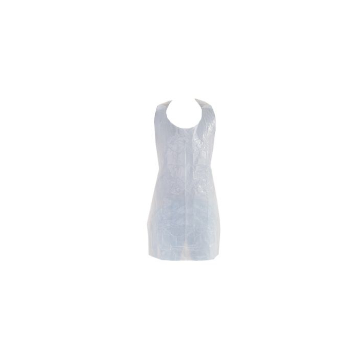 Single clear disposable apron from Killer Ink tattoo apron box of 100, front view.